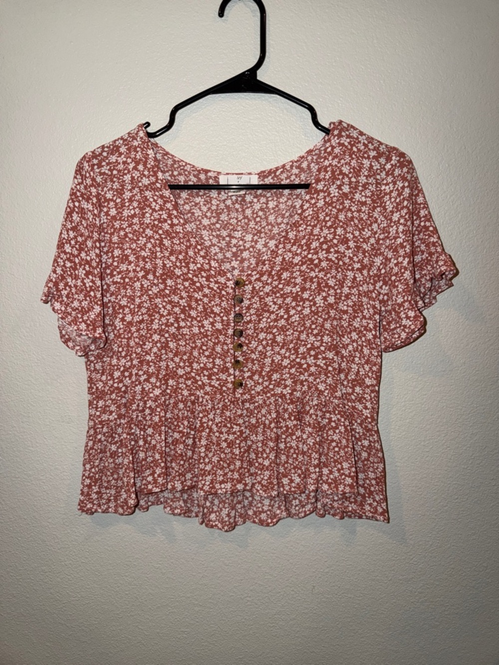 Button-Front Rust Floral Peplum Blouse